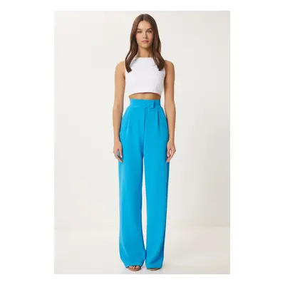 Happiness İstanbul Women's Blue Waist Velcro Comfortable Woven Pants