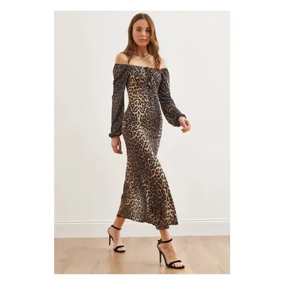 Olalook Women's Black Brown Lace Detailed Slit Maxi Leopard Dress