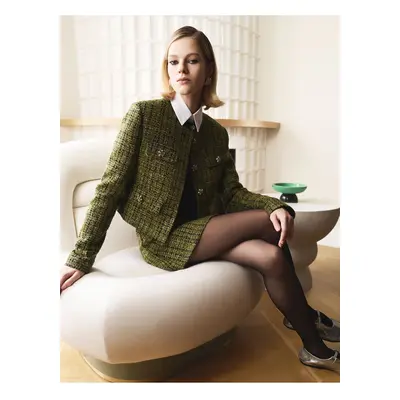 Koton X Melis Ağazat - Stoned Button Detailed Round Neck Tweed Jacket with Pockets