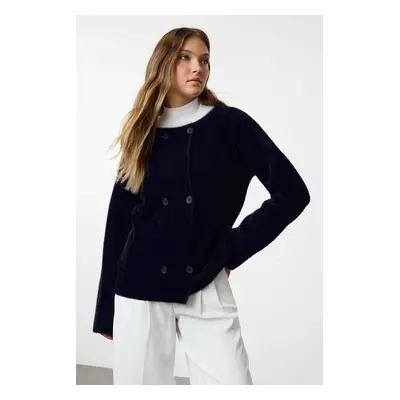 Trendyol Navy Blue Furry Coat-Looking Knitwear Cardigan