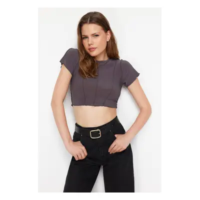 Trendyol Anthracite Stitch Detail Fitted Crop Knitted Blouse