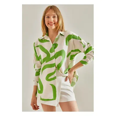 Bianco Lucci Women's Green-ecru Multi Patterned Linen Shirt