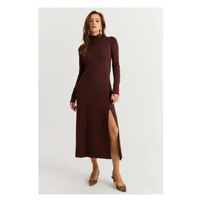 Cool & Sexy Women's Brown Turtleneck Midi Dress HOR15