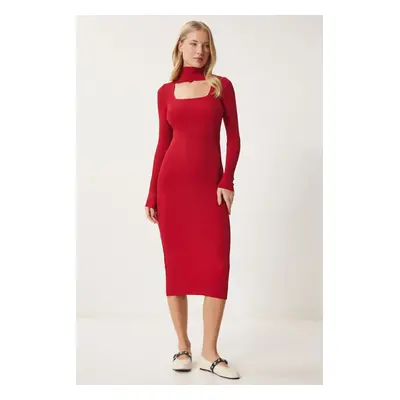 Happiness İstanbul Women's Red Cut Out Detailed Stand Collar Ribbed Knit Dress