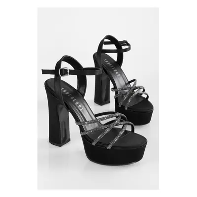 Shoeberry Women's Mersea Black Satin Stone Platform Heeled Shoes