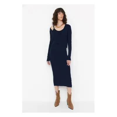 Trendyol Navy Blue Fitted Midi Knitwear Cardigan Dress Suit