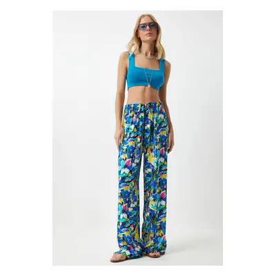 Happiness İstanbul Women's Yellow Blue Patterned Loose Viscose Palazzo Trousers