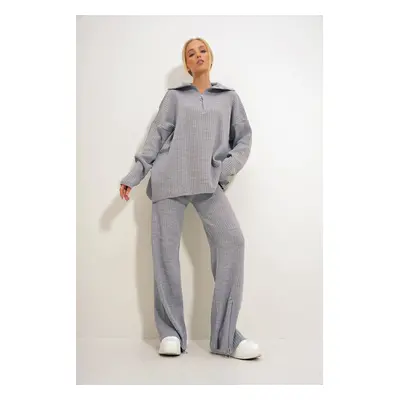 Trend Alaçatı Stili Women's Gray Zipper Detailed Sweater and Palazzo Pants Knitwear Two Piece Se