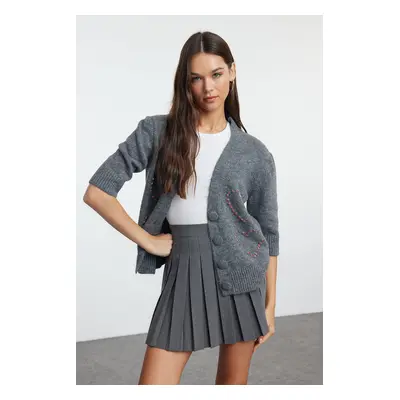 Trendyol Anthracite Wool Stone Embroidered Knitted Cardigan