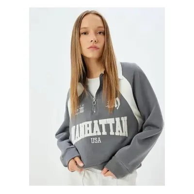 Koton Half Zipper Sweatshirt College Embroidered Stand Collar Raised