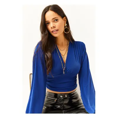 Olalook Women's Saxe Blue Deep Decollete Banded Waist Crop Blouse