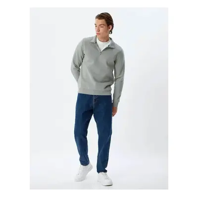 Koton Half Zip Collar Basic Ribbed Cotton Blended Long Sleeve Sweatshirt