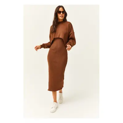 Olalook Women's Bitter Brown Top Crop Sweater Bottom Strap Dress Knitwear Suit