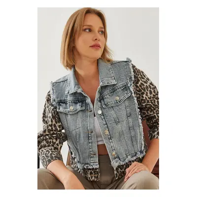 Bianco Lucci Women's Leopard Piece Denim Jacket