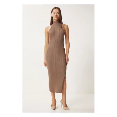 Happiness İstanbul Women's Mink Off-the-Shoulder Wrapped Ribbed Knit Dress