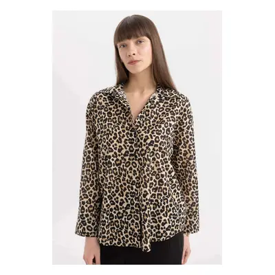 DEFACTO Oversize Wide Pattern Long Sleeve Leopard Patterned Voile Shirt