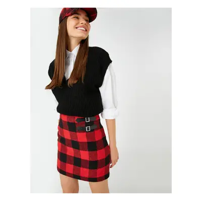 Koton Checked Mini Skirt with Double Buckle Detail and Zipper