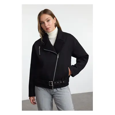 Trendyol Black Oversized Belted Gabardine Biker Thin Jacket Coat