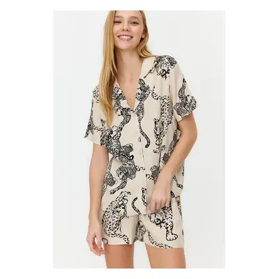 Trendyol Cream Tiger Pattern Viscose Woven Pajamas Set