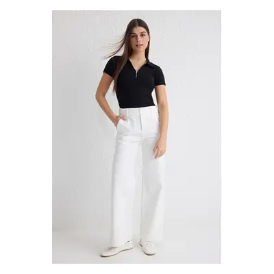 Trendyol White Button Detail High Waist Wide Leg Jeans