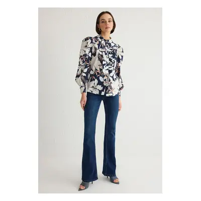 Trendyol Navy Blue Stand Collar Ruffle Chiffon Floral Woven Shirt