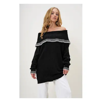 Trend Alaçatı Stili Women's Black Madonna Collar Stripe Detail Oversize Winter Knitted Sweater