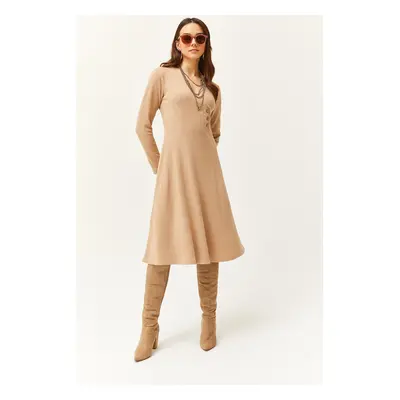 Olalook Women's Camel Button Detailed Double Breasted Midi Bell Dress