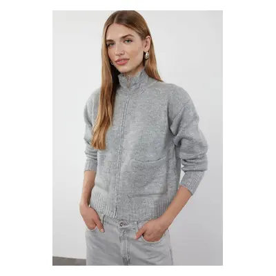 Trendyol Gray Soft Textured Zippered Knitwear Cardigan