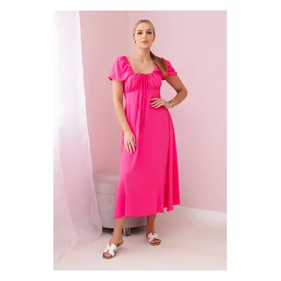 Włoski Ruffled dress with a tie at the neckline pink