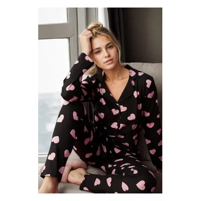 43103 Dewberry Buttoned Women Pyjama Set-BLACK