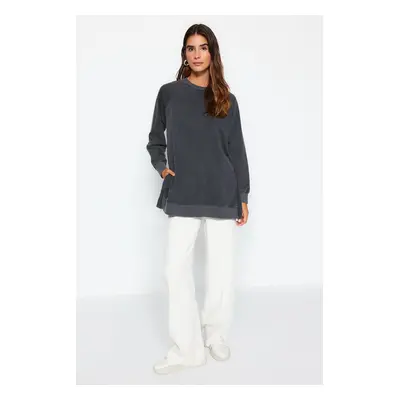 Trendyol Anthracite Washed Side Slit Detail Oversize Knitted Sweatshirt