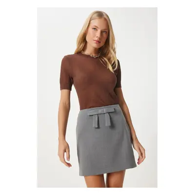 Happiness İstanbul Women's Anthracite Bow Detailed Mini Woven Skirt