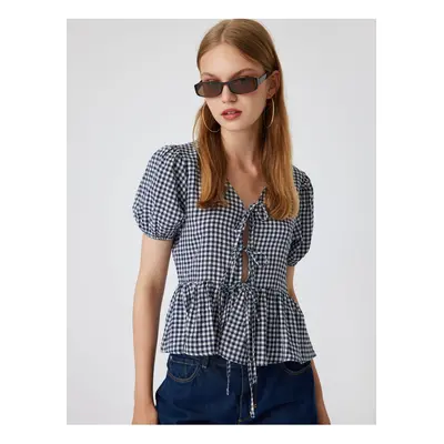 Koton Balloon Sleeve Blouse Flounce Laced Slim Fit Gingham Pattern