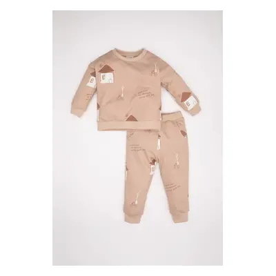 DEFACTO Baby Boy 2-Piece Set Patterned Crew Neck Sweatshirt Elastic Waist Jogger Sweatpants