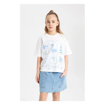 DEFACTO Girl Oversize Fit Crew Neck Printed Short Sleeve T-Shirt