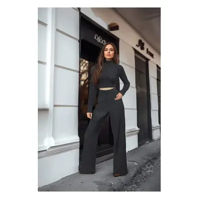 Trendyol Black Stand-up Collar Soft Crop and Wide Leg Knitted Bottom-Top Set