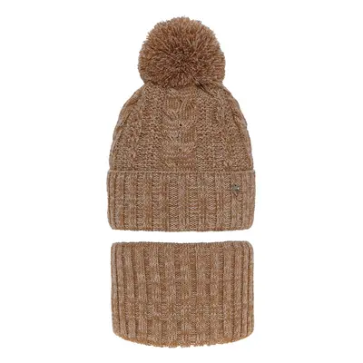 AGBO Girl's winter set: hat and tube scarf brown Maroko with pompom