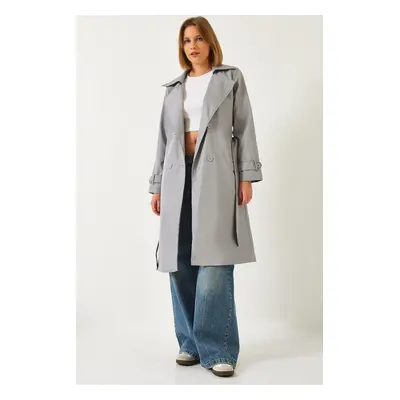 Bianco Lucci Women's Double Breasted Neckline Belted Trench Coat with Pockets