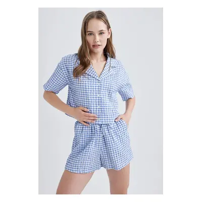 DEFACTO Cool Oversize Pajama Collar Crinkle Gingham Short Sleeve Shirt