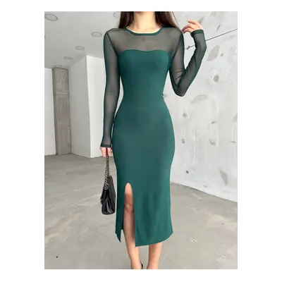 BİKELİFE Women's Green Slit Detailed Lycra Pencil Dress