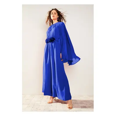 Trendyol Satin Evening Jumpsuit with Flower Belt and Chiffon Cape