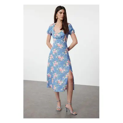 Trendyol Blue Floral Patterned A-Line Short Sleeve Maxi Woven Dress