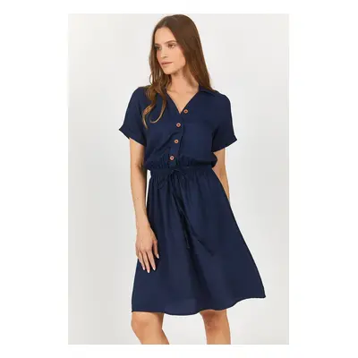 armonika Women's Navy Blue Elastic Waist Short Sleeve Shirt Dress