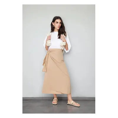 Trendyol Camel Double Breasted Tie Detailed Woven Linen Look Skirt