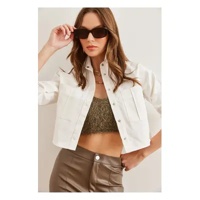 Olalook Women's White Double Pocket Leather Look Crop Jacket