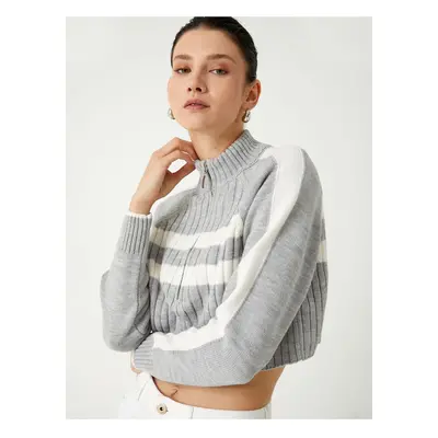 Koton Half Zipper Stand Collar Long Sleeve Striped Crop Sweater