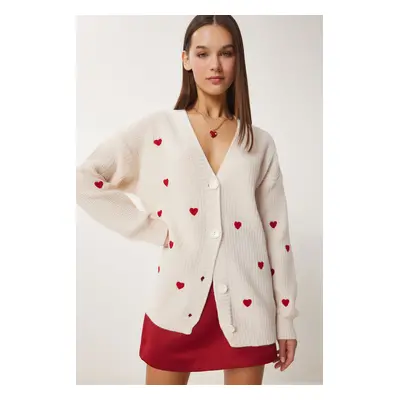 Happiness İstanbul Women's Cream Heart Textured Long Knitwear Cardigan