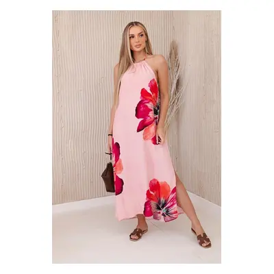 Women's viscose dress with ties around the neck - pink