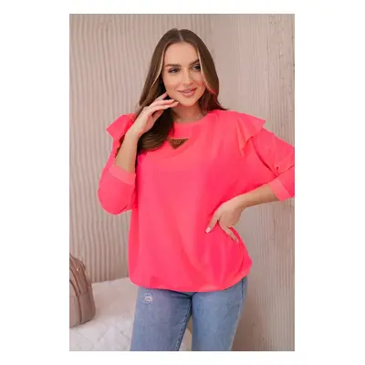 Cotton blouse with ruffles on the shoulders Pink neon