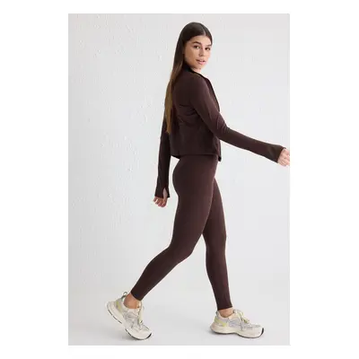 Trendyol Brown Soft Brushed Fabric Reflective Print Detailed Full Length Knitted Sports Tights